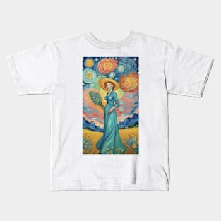 Starry Night Odyssey: Van Gogh-Inspired Landscape with Enigmatic Woman Kids T-Shirt